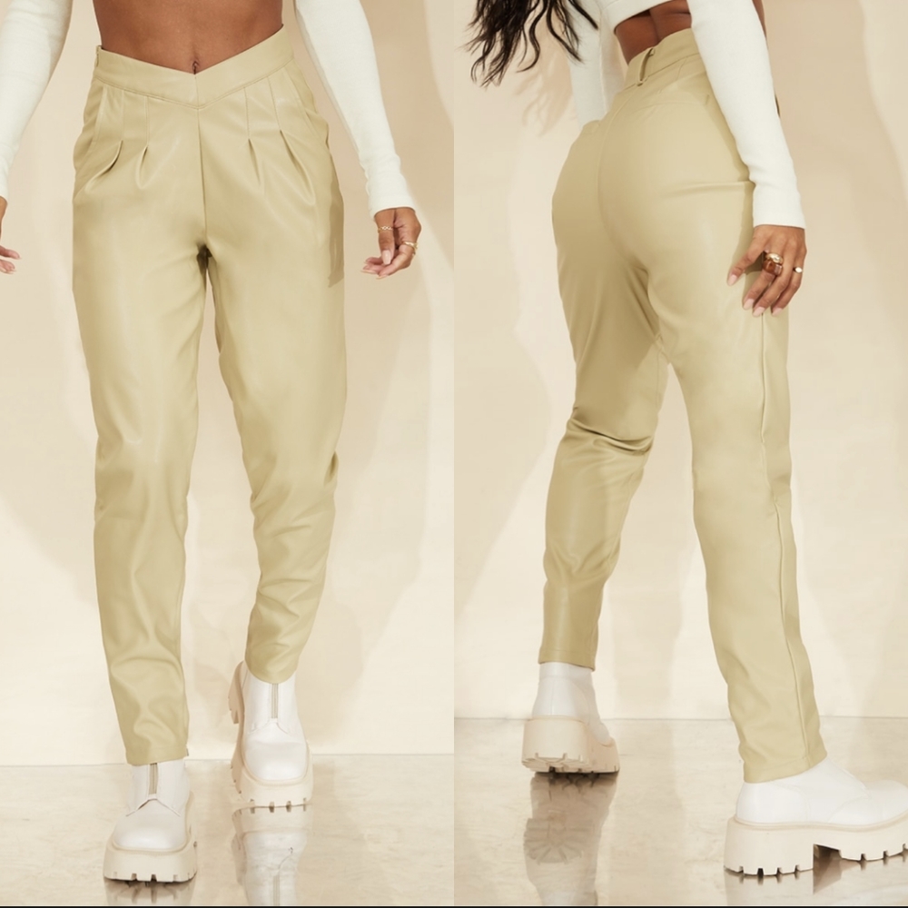 PrettyLittleThing Faux Leather Cream Pnats
